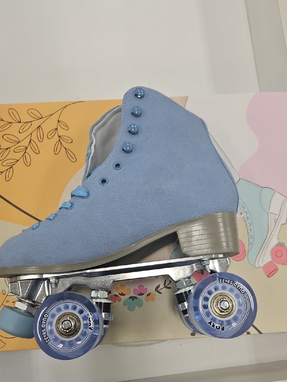 Powder Blue Suede Roller Skate with Clear Wheels